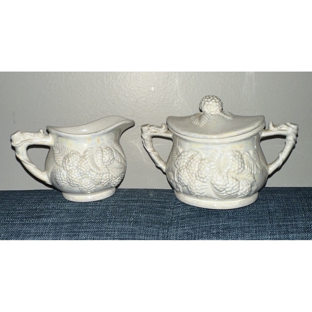 Vintage Blackberry Relief Creamer & Covered Sugar Bowl Parian Style White Lustre